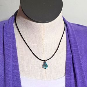 Charm Necklace Blue Crystal Pendant on Short Black Necklace